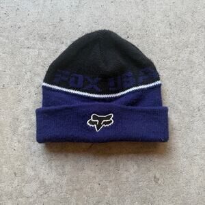 Men's Vintage Fox Racing USA Blue Black Knit Beanie Skull Cap Dirtbiking VTG